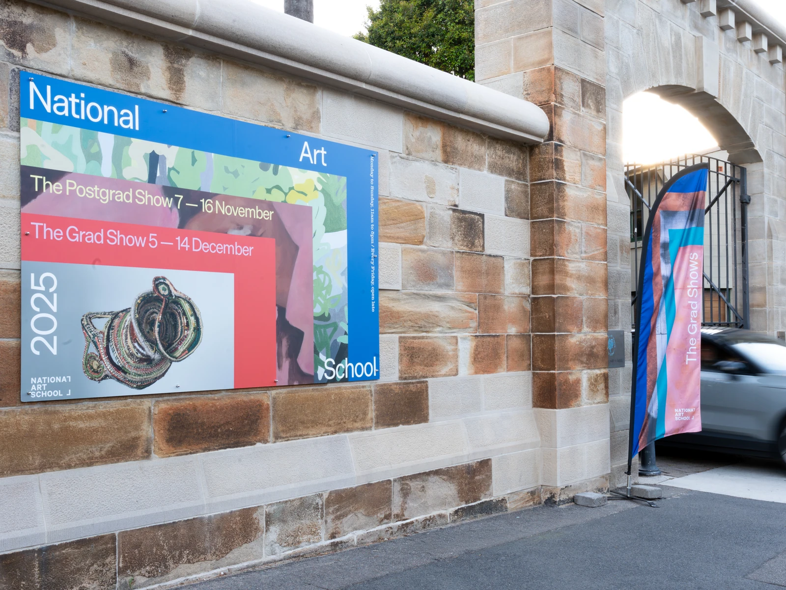 National Art School exhibition signage at the campus entrance